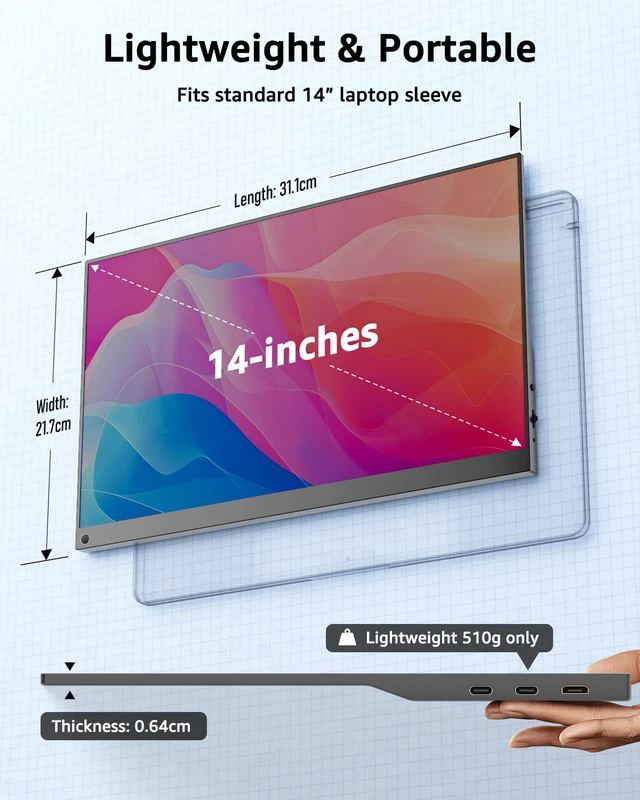 Alt view image 2 of 4 - Portable Monitor for Laptop 1920×1200 14" FHD Travel IPS Screen Display with USB Type C Port and Built-in Speakers with Cover Compatible with PC, MacBook, Xbox