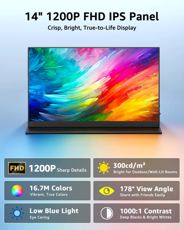 Alt view image 4 of 4 - Portable Monitor for Laptop 1920×1200 14" FHD Travel IPS Screen Display with USB Type C Port and Built-in Speakers with Cover Compatible with PC, MacBook, Xbox