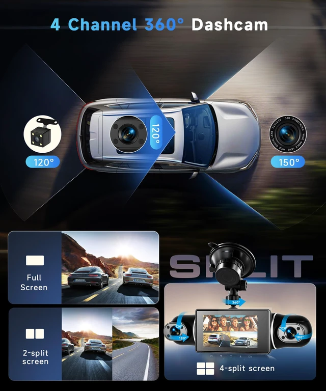 Alt view image 3 of 7 - 4 Channel 360 Dash Cam Front Rear Inside Left Right 3 Inch 2K Car Dash Camera with WiFi Night Vision Motion Detection 24H Parking Mode Loop Recording Reverse Monitor Without 64G TF Card
