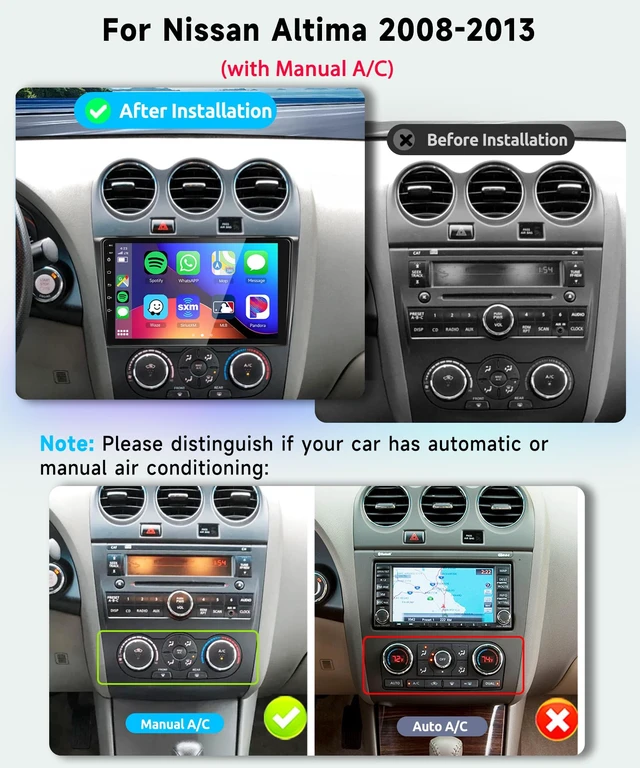 Alt view image 2 of 4 - 8 CORE 4G+64G for Nissan Altima 2008-2012 Car Radio Stereo, Wireless CarPlay Android Auto 9 Inch 1280 * 720P IPS Touch Screen 32-Band DSP Android 13 GPS WiFi Bluetooth SWC Camera (Manual A/C)