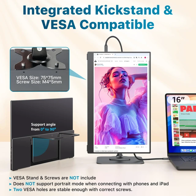 Alt view image 4 of 4 - Portable Monitor for Laptop MacBook Surface PC Xbox PS5, Travel Monitor Second Screen for Laptop, HDMI USB-C VESA Compatible Built-in Speaker, 15.6inch