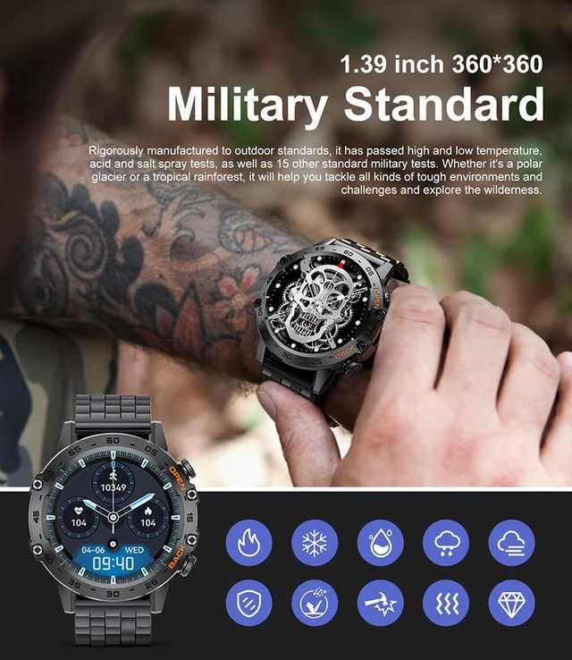 Alt view image 2 of 4 - Military Smart Watch for Men(Answer/Dial Calls),1.39''HD Touchscreen,100 Sports Modes, 5ATM Waterproof Fitness Watch,with Blood Pressure/Heart Rate/SpO2 Smart Watch for Android/iOS