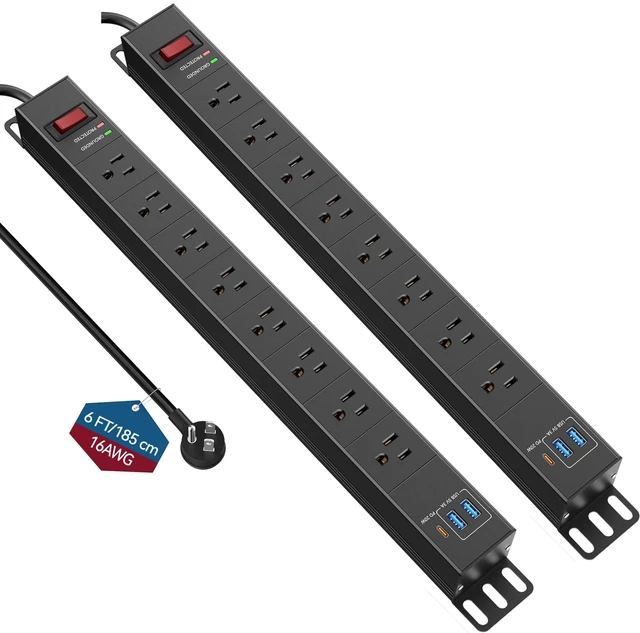 Main image of 2 Packs 8 Outlet Heavy Duty Power Strip with USB PD 20W, Surge Protector 6FT Cord Long Power Strip with USB A & USB C, Wide Spaced and Wall Mount Metal Powerstrip for Home Office Garage Workshop
