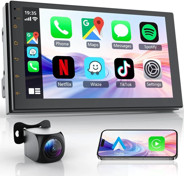 Main image of Double Din Car Stereo, 7 Inch HD Touchscreen with Wireless Apple Carplay & Android Auto, Mirror Link, Bluetooth 5.4, SWC, Subwoofer, 5.1 CHN, Backup Camera, 2+64GB, FM/AM Car Radio Receiver