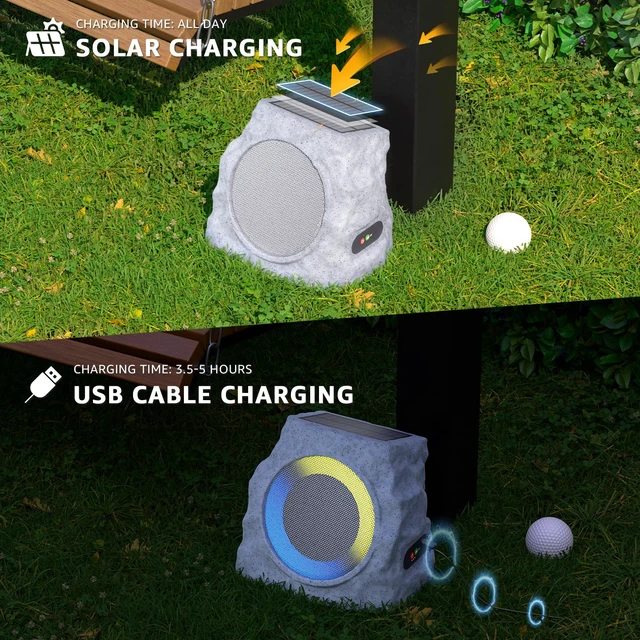 Alt view image 2 of 7 - 2 Pack Solar Rock Speakers Outdoor Waterproof Patio with Lights Color,Multi-Sync Up to 100 Speakers Pairing Solar Powered Rock Speaker Rechargeable for Pool Party Yard Outside