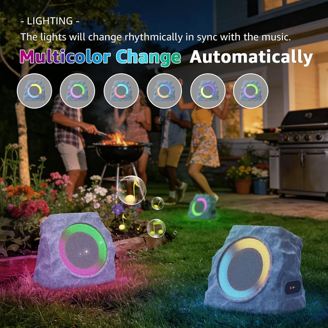 Alt view image 4 of 7 - 2 Pack Solar Rock Speakers Outdoor Waterproof Patio with Lights Color,Multi-Sync Up to 100 Speakers Pairing Solar Powered Rock Speaker Rechargeable for Pool Party Yard Outside