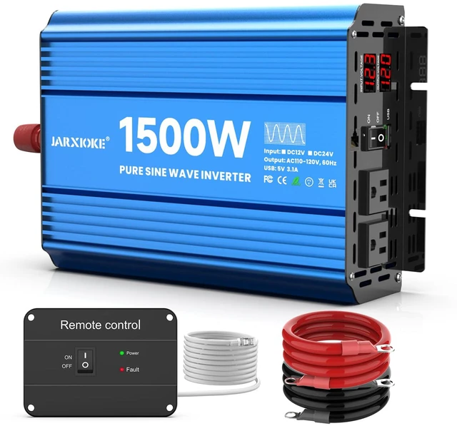 Main image of 1500 Watt Pure Sine Wave Power Inverter, 12 Vdc to 110 Vdc to 120 Vdc, for Home, RV and Off-Grid Solar Systems, with 2 AC Outlets and USB Port, LCD Display, with Remote Control
