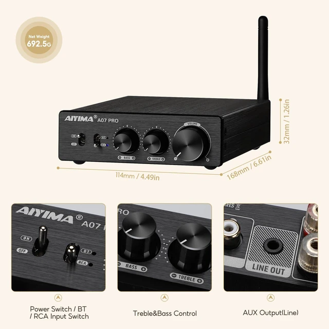 Alt view image 2 of 4 - A07 Pro TPA3255 Stereo Amplifier Bluetooth 5.2 300Wx2 HiFi Class D Amp 2.0/2.1 Channel Audio Power Amp for Home Audio Speaker with Bass Treble knobs& 3.5mm Line Output,Supports 24-48V