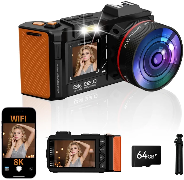 Main image of 8K Digital Camera for Photography, 92MP WiFi Vlogging Camera for Front and Rear Screen, 18X Digital Zoom, Point and Shoot Camera for YouTube with 64GB SD Card (8K Black)