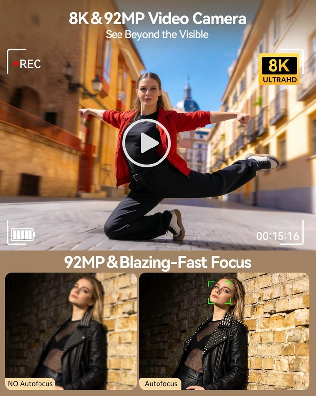 Alt view image 2 of 4 - 8K Digital Camera for Photography, 92MP WiFi Vlogging Camera for Front and Rear Screen, 18X Digital Zoom, Point and Shoot Camera for YouTube with 64GB SD Card (8K Black)