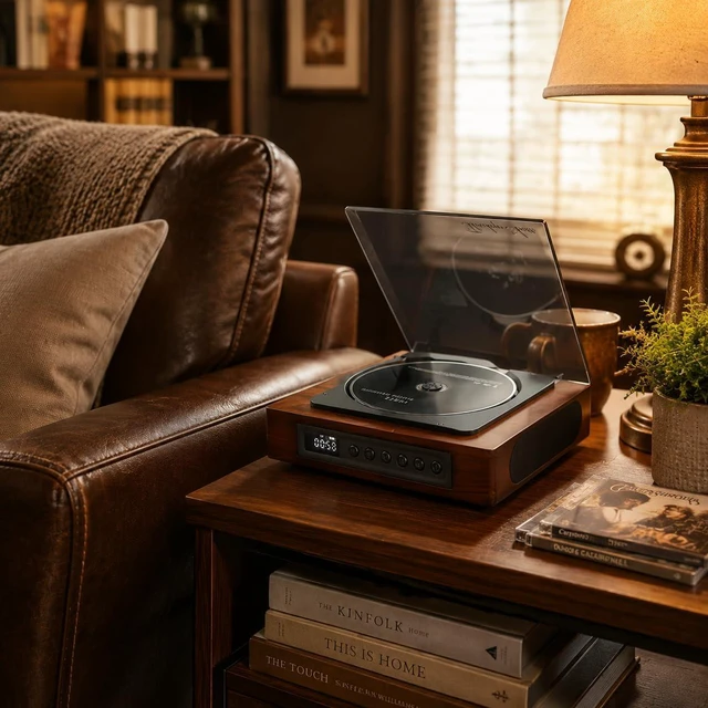 Alt view image 2 of 4 - DVP-560 Wooden Retro CD Player for Home, Built-in Dual Speakers, Bluetooth 5.3 Transmitter & Receiver, USB/SD Playback, Remote Control, Rechargeable, Gift for Dads & Music Lovers