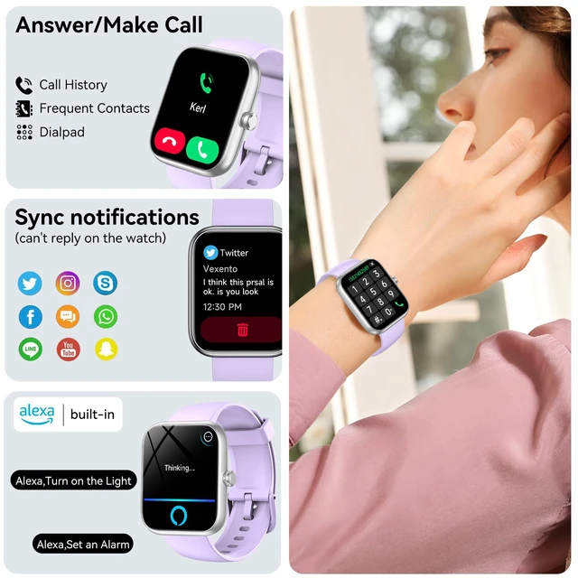 Alt view image 3 of 4 - Smart Watch with Alexa Built-in, 1.83" HD Health Fitness Tracker, Bluetooth Calls/Notifications, 120+ Sports Modes, 24/7 Heart Rate/Sleep Tracking, IP68 Waterproof for iPhone and Android (Purple)