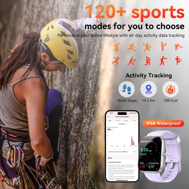 Alt view image 4 of 4 - Smart Watch with Alexa Built-in, 1.83" HD Health Fitness Tracker, Bluetooth Calls/Notifications, 120+ Sports Modes, 24/7 Heart Rate/Sleep Tracking, IP68 Waterproof for iPhone and Android (Purple)