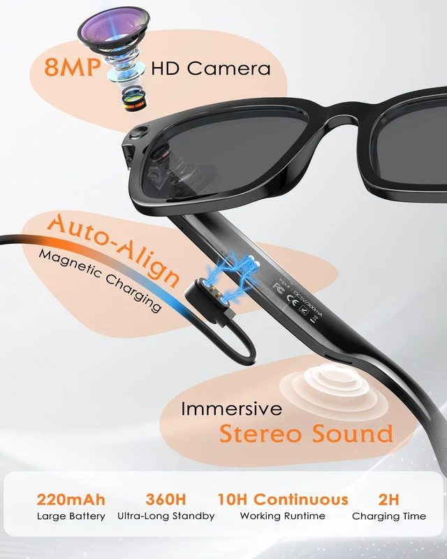 Alt view image 3 of 4 - Smart-Glasses with Camera and Audio, 8MP HD Camera Smart-Sunglasses for Men Women, 1080P Video Recording AI Glasses, Real Time Translation, Voice Assistant