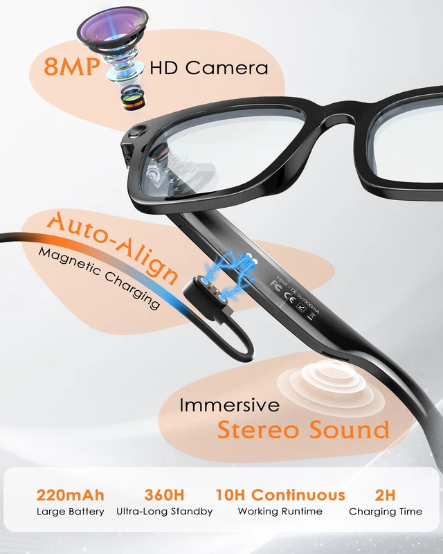 Alt view image 3 of 4 - Smart-Glasses with Camera and Audio, 8MP HD Camera Blue-Light Glasses for Men Women, 1080P Video Recording AI Glasses, Real Time Translation, Voice Assistant