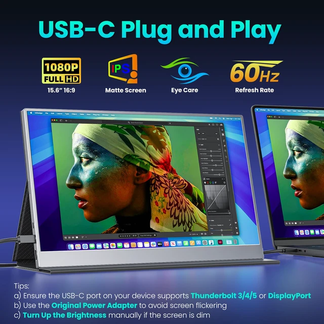 Alt view image 2 of 4 - Portable Monitor 15.6 inch FHD 85% sRGB 60Hz HDR HDMI USB-C Travel Monitor for Laptop MacBook PC Surface PS5 Xbox, External Display with Cover & Speakers, VESA Compatible