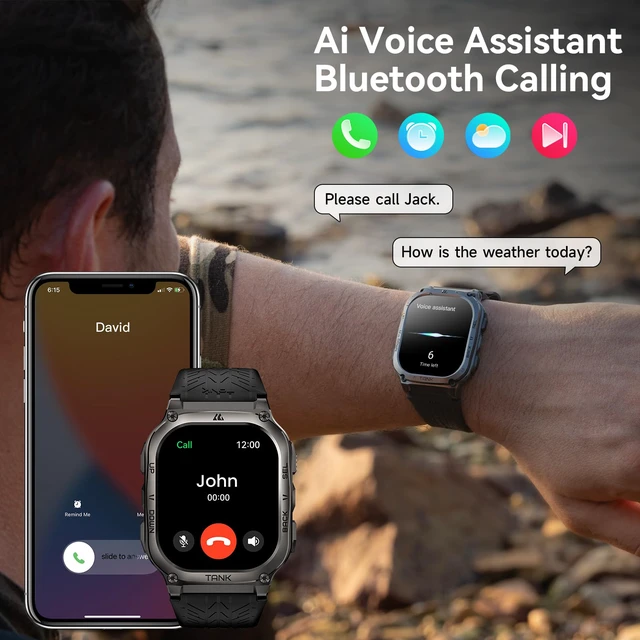 Alt view image 3 of 4 - Smart Watch, 60 Days Extra-Long Battery, 50M Waterproof, Rugged Military Bluetooth Call(Answer/Dial Calls), 2.0" Ultra Large HD Display, AI Voice Assistant (Shiny Black)