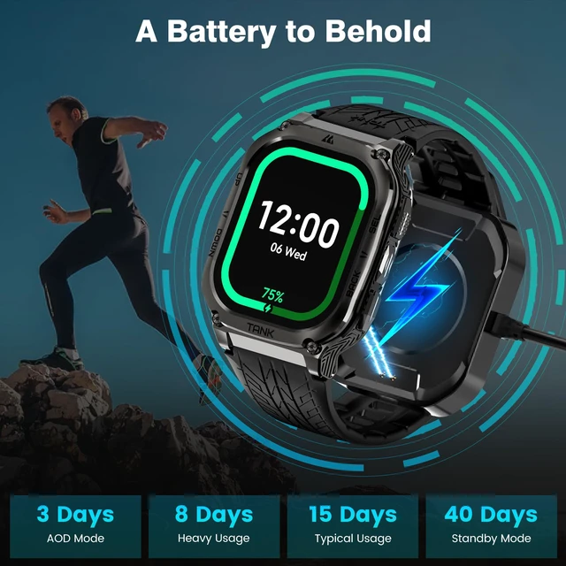 Alt view image 4 of 4 - Smart Watch, 60 Days Extra-Long Battery, 50M Waterproof, Rugged Military Bluetooth Call(Answer/Dial Calls), 2.0" Ultra Large HD Display, AI Voice Assistant (Shiny Black)