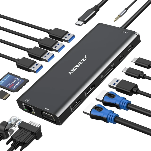Main image of USB C Docking Station Dual Monitor for Dell/HP/Lenovo/Surface Laptop, 14 in 1 Triple Display Hub Multiple Adapter, Dongle with 2 HDMI 4K VGA 5 Port 100W PD Charger Ethernet SD/TF Audio(Black)