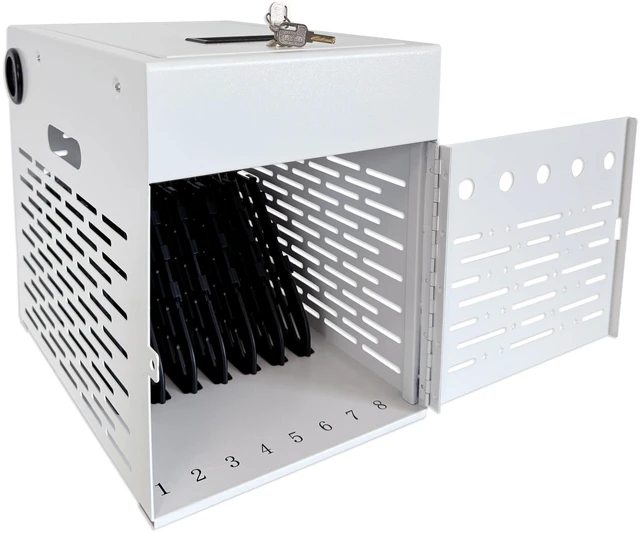 Main image of 8-Device Tablet & Laptop Charging Cabinet, Lockable Steel Charging Station for Chromebooks, iPads & Devices Up to 14", Fully Assembled Storage Cabinet for Classroom, Office & Library, White