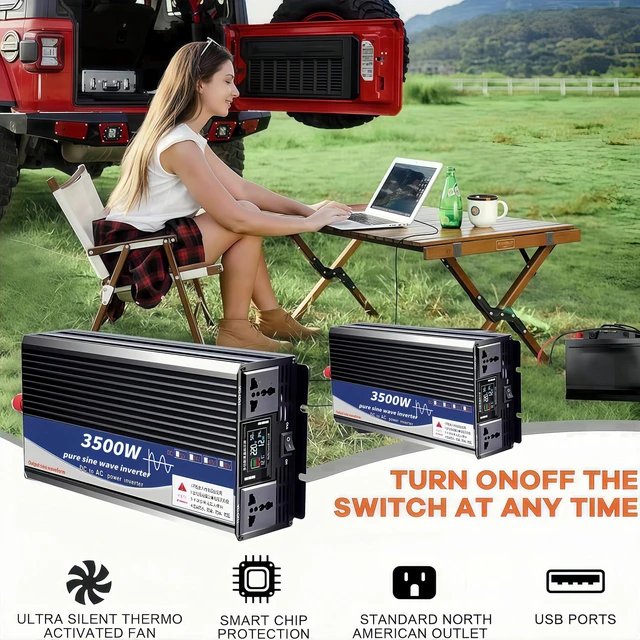 Alt view image 3 of 4 - 3500W Power Inverter 12V DC to 110V AC Converter with LED Display Dual AC Outlets Dual Fans Radiating for RV, Camp, Boat and Home Emergency Portable Pure Sine Wave Inverter (Smart Screen, 3500W 12V)