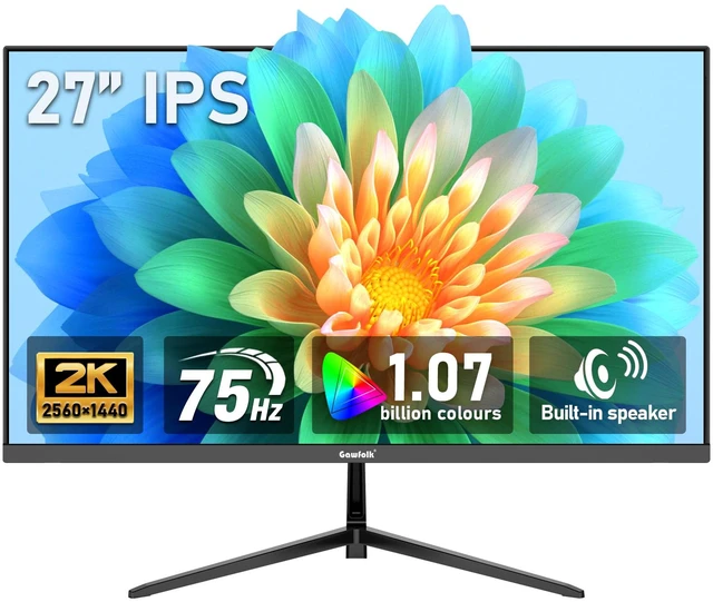 Main image of 27 inch IPS 2K QHD (2560×1440) Computer Monitor 75Hz Gaming PC Screen, 1msAdaptive Sync,100% sRGB, 1.07 Billion Colours, HDMI2.0DisplayPort 1.4, Built-in Speaker - Black