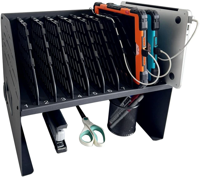 Main image of 10-Device Laptop & Tablet Charging Station with 6 AC Outlets & 4 Fast-Charging USB Ports, Charging Rack for Chromebooks, iPads & Devices Up to 15.6", Classroom, Office & Library Organizer
