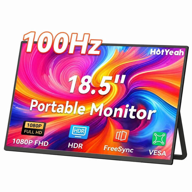 Main image of Portable Monitor, 18.5" 1080P 100Hz 125% sRGB Laptop Monitor USB-C HDMI External Computer Display HDR FreeSync w/Kickstand & Speaker, 2nd Screen for Laptop PC Mac Phone Tablet Switch PS5 Xbox