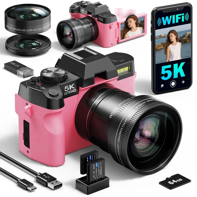 Main image of 5K&64MP Digital Cameras for Photography&Video, Vlogging Camera for YouTube, Compact Camera with 64GB TF Card, WiFi,and Wide-Angle & Macro Len, AUTOFOCUS 16X Zoom for Entry-Level User, BeginnersPink