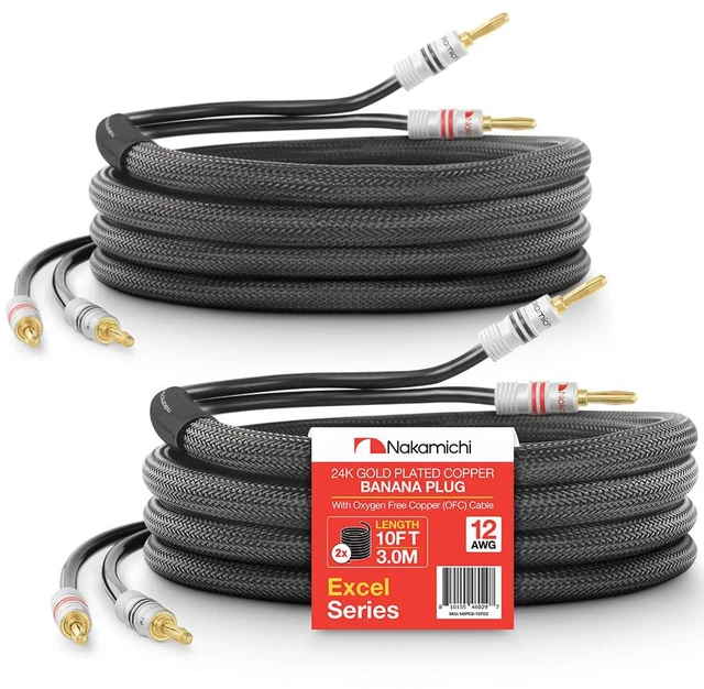 Main image of Excel Series 24k Gold Plated Banana Plug with (10 Feet) Speaker Cable Wire 99.9% Oxygen-Free Copper (OFC) Heavy Duty Braided in-Wall CL2 Rated - Black (12AWG / 10ft / 3.0m) 2-Pack