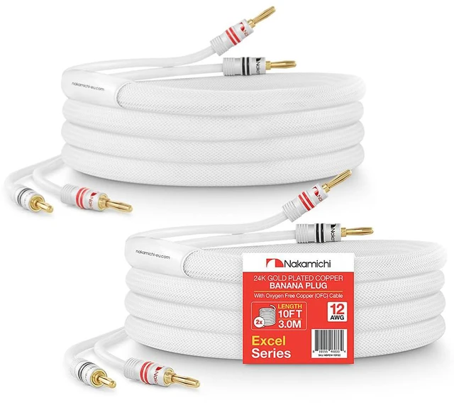 Main image of 24k Gold Plated Banana Plugs Speaker Cables 99.9% OFC (10 Feet) Oxygen-Free Copper, Excel Series, Amplifier Heavy Duty Braided In-Wall CL2 Rated Wires - White (12AWG / 10ft / 3.0m) 2-Pack