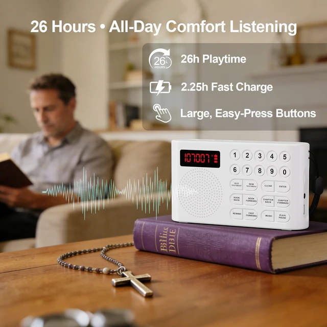 Alt view image 3 of 4 - KJV Audio Bible Player for Seniors Large One-Touch Buttons, 26H Playtime, Easy-to-Use Audio Bibles for Seniors, Portable Electronic Talking Bible with Complete King James Version(White)