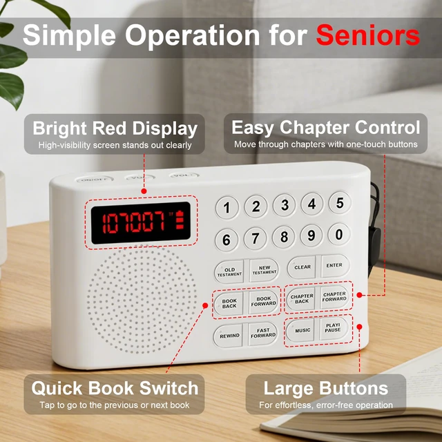 Alt view image 4 of 4 - KJV Audio Bible Player for Seniors Large One-Touch Buttons, 26H Playtime, Easy-to-Use Audio Bibles for Seniors, Portable Electronic Talking Bible with Complete King James Version(White)