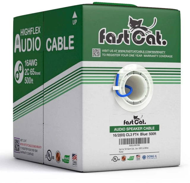 Main image of Speaker Wire 16 Guage 2C, UL Listed & CMR/CL3R-FT4 Rated - Speaker Cable w/PVC Jacket, 100% Oxygen-Free Pure Bare Copper - (65) HighFlex 16 Guage Wire - in-Wall Use-500ft Bulk Cable, Blue