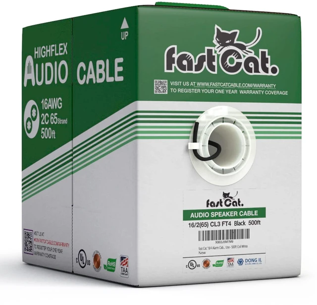 Main image of Speaker Wire 16 Guage 2C, UL Listed & CMR/CL3R-FT4 Rated - Speaker Cable w/PVC Jacket, 100% Oxygen-Free Pure Bare Copper - (65) HighFlex 16 Guage Wire - in-Wall Use-500ft Bulk Cable, Black