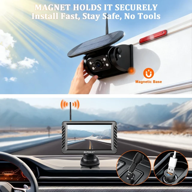 Alt view image 2 of 7 - X5 Magnetic Solar Wireless Backup Camera with 5" HD Monitor, 1-Min Zero-Install for RV Truck Trailer, 320ft Signal Range, 15000mAh Battery & 5W Solar Panel Back Up Camera