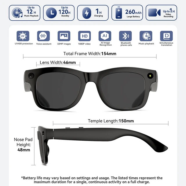 Alt view image 2 of 4 - AI Smart Glasses with HD Camera, BT Call, 8MP Anti-Shake Camera Glasses with 1080P Video Recording Dual Mic, Simultaneous Interpretation/GPT Identify Objects, Black Lens