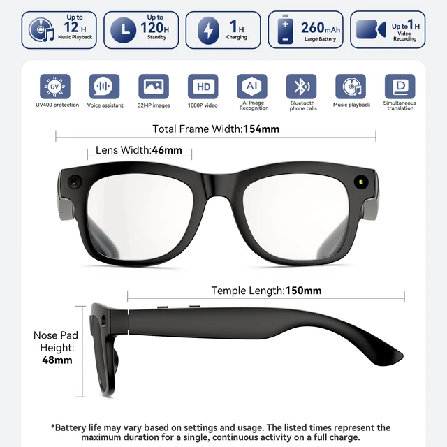 Alt view image 2 of 4 - AI Smart Glasses with HD Camera, BT Call, 8MP Anti-Shake Camera Glasses with 1080P Video Recording Dual Mic, Simultaneous Interpretation/GPT Identify Objects, Photochromic Lens