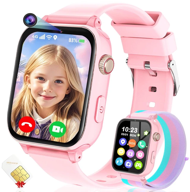 Main image of 4G Kids Smart Watch GPS Tracker, Smartwatch for Kid with Video Calling, Voice Chat, Class Mode, SOS, Pedometer, Alarm, SIM Card HD Touch Screen Phone Watch Gift for 4-12 Girls Boys (Light Pink)