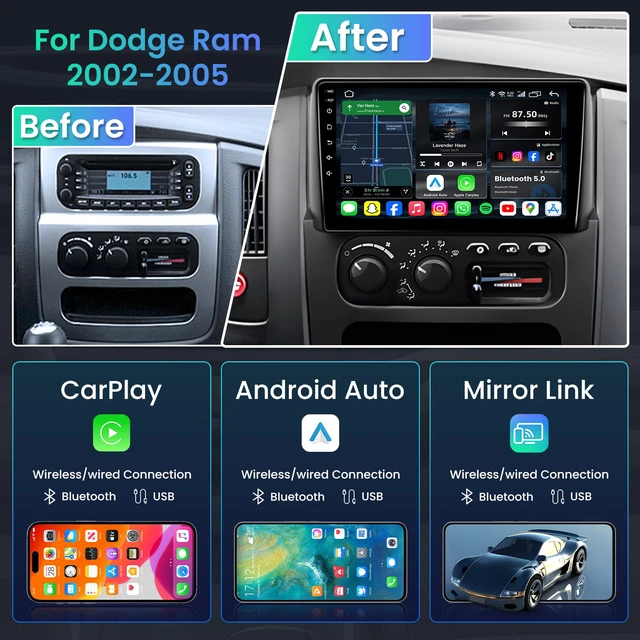 Alt view image 4 of 4 - Car Radio for Dodge Ram 1500 2500 3500 2002 2003 2004 2005: 9 Inch 1280x800 IPS Touchscreen for Ram Stereo Upgrade with Wireless CarPlay/Android Auto Bluetooth WiFi GPS FM 1080P Backup Camera