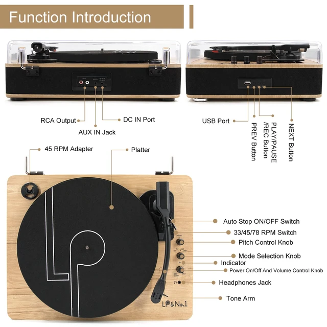 Alt view image 2 of 4 - Vinyl Record Player 3-Speed Belt-Drive Turntable with Stereo Speakers and USB Play&Recording (Light Wood)
