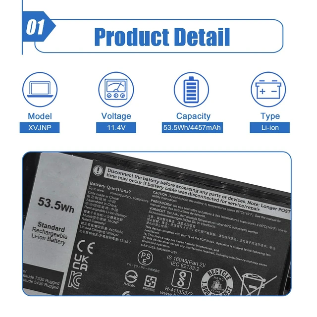 Alt view image 2 of 4 - 53.5Wh XVJNP Laptop Battery Replacement for Dell Latitude 5430 Rugged Latitude 7330 Rugged Series 6JRCP 06JRCP M0TN3 0M0TN3 KD1CT 451-BCWQ 11.4V