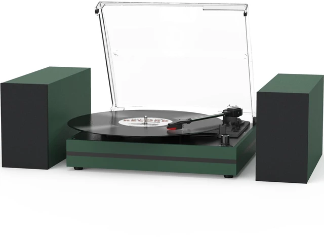 Main image of Record Player for Vinyl with External Speakers Belt-Drive Turntables for Vinyls Records Dual Stereo Speakers LP 3 Speed BT Wireless AUX-in Headphone Auto Stop New Sleek Stylish Dark Matte Green