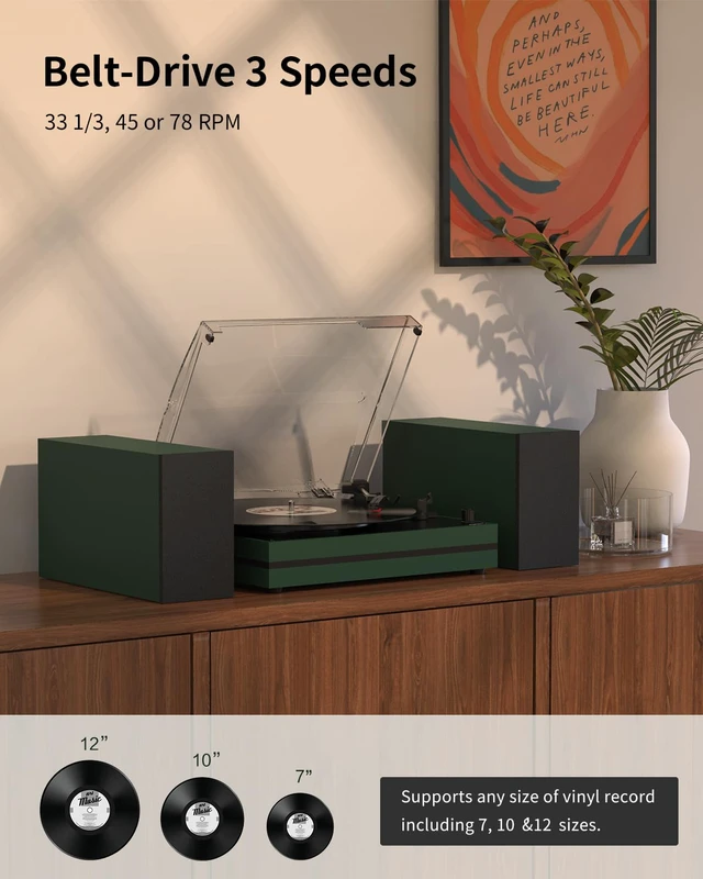 Alt view image 2 of 4 - Record Player for Vinyl with External Speakers Belt-Drive Turntables for Vinyls Records Dual Stereo Speakers LP 3 Speed BT Wireless AUX-in Headphone Auto Stop New Sleek Stylish Dark Matte Green