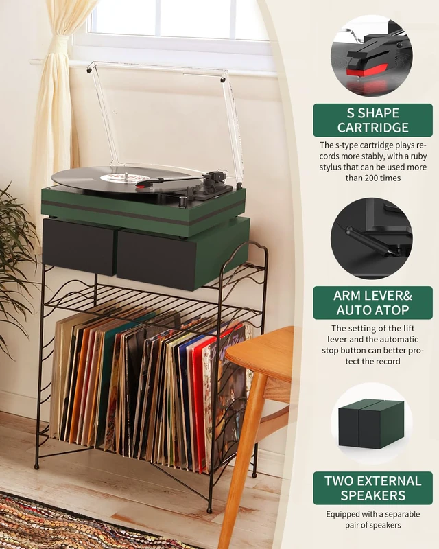 Alt view image 3 of 4 - Record Player for Vinyl with External Speakers Belt-Drive Turntables for Vinyls Records Dual Stereo Speakers LP 3 Speed BT Wireless AUX-in Headphone Auto Stop New Sleek Stylish Dark Matte Green
