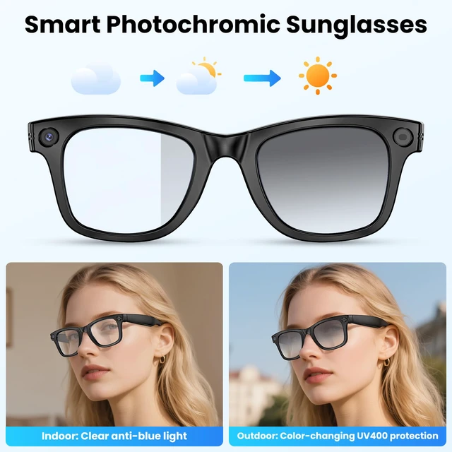 Alt view image 4 of 4 - AI Smart Glasses 4K HD Camera, BT Call, 800W Anti-Shake Camera Glasses with Video Recording Dual Mic, Simultaneous Interpretation/GPT Identify Objects, 270mAh Photochromic GlassesBlack