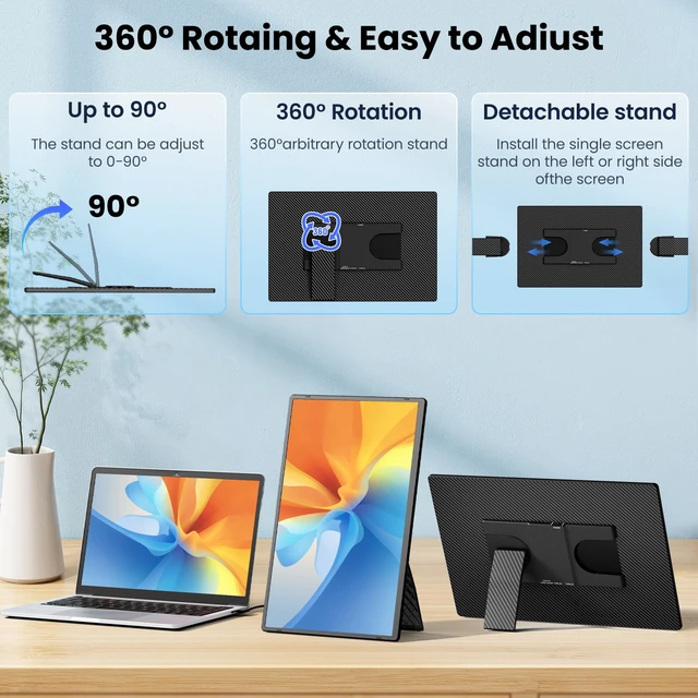 Alt view image 4 of 4 - 16" Portable Monitor, 1200P FHD Ultra Slim Laptop Screen Extender, 360°Rotating Detachable Stand, Plug & Play Travel Dual Monitor for Laptop/Wins/MacOS/Phone
