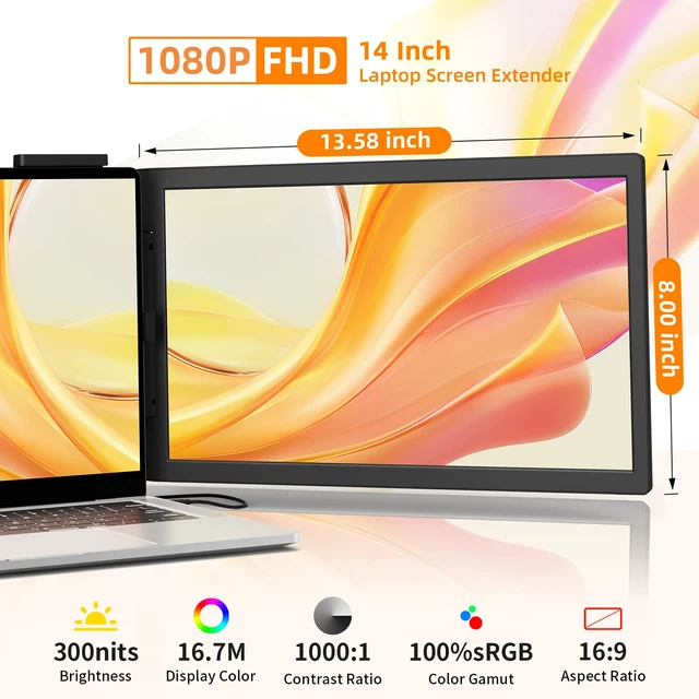Alt view image 2 of 4 - Laptop Screen Extender, 14" FHD IPS 1080P Portable Monitor for Laptop Mini HDMI/Type-C PC Display Extender Fits 14"-16.5" Laptops,Plug & Play for Windows/Mac/Android/Switch/PS5