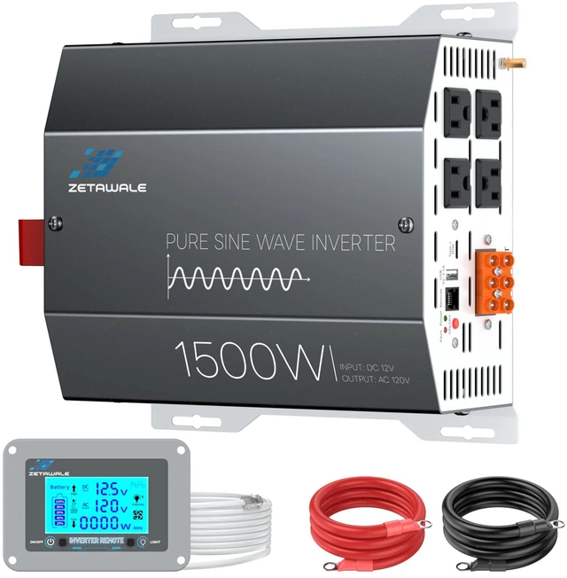 Main image of 1500W Pure Sine Wave Inverter 12V DC to 110V/120V AC Converter, 3000W Peak, LCD Remote Control, 4 AC Outlets, USB & Type-C for RV, Truck, Camping, Off-Grid Solar, Emergency Power