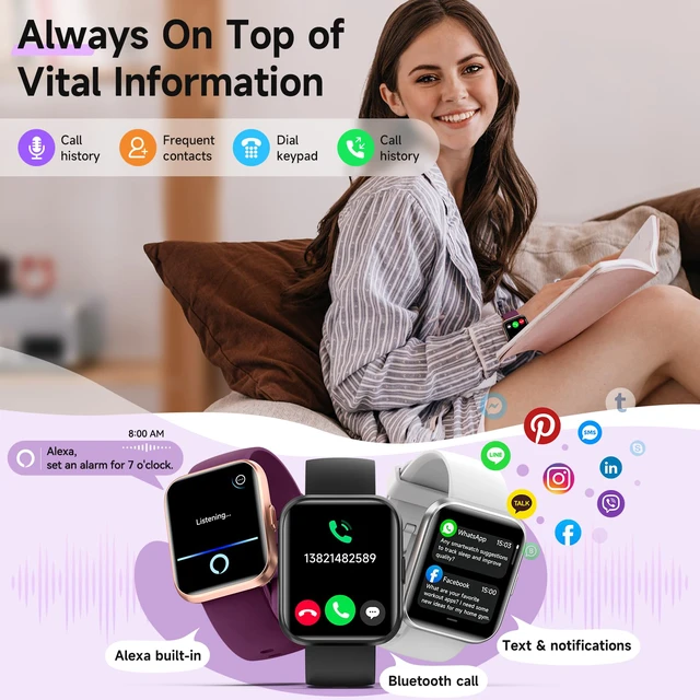 Alt view image 2 of 7 - Smart Watches for Women for Android & iPhone, Alexa Built-in, 1.8" Touch Screen Smartwatch with Heart Rate/SpO2/Sleep/Stress Monitor, IP68 Waterproof Fitness Tracker, 101+ Sports Modes, 2 Bands